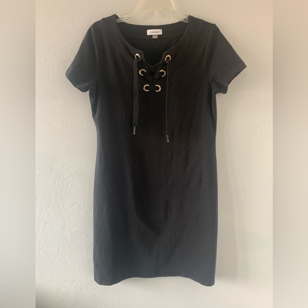 Calvin Klein Sheath Tie Dress Womens Black Short Sleeve Size M
